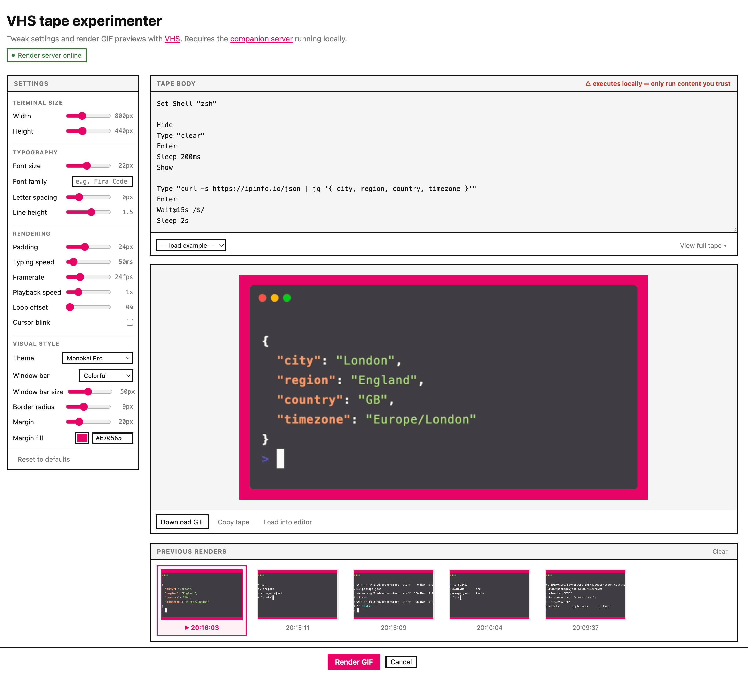 Screenshot of VHS tape experimenter tool. Shows various sliders and options set, and a rendered gif in the middle.